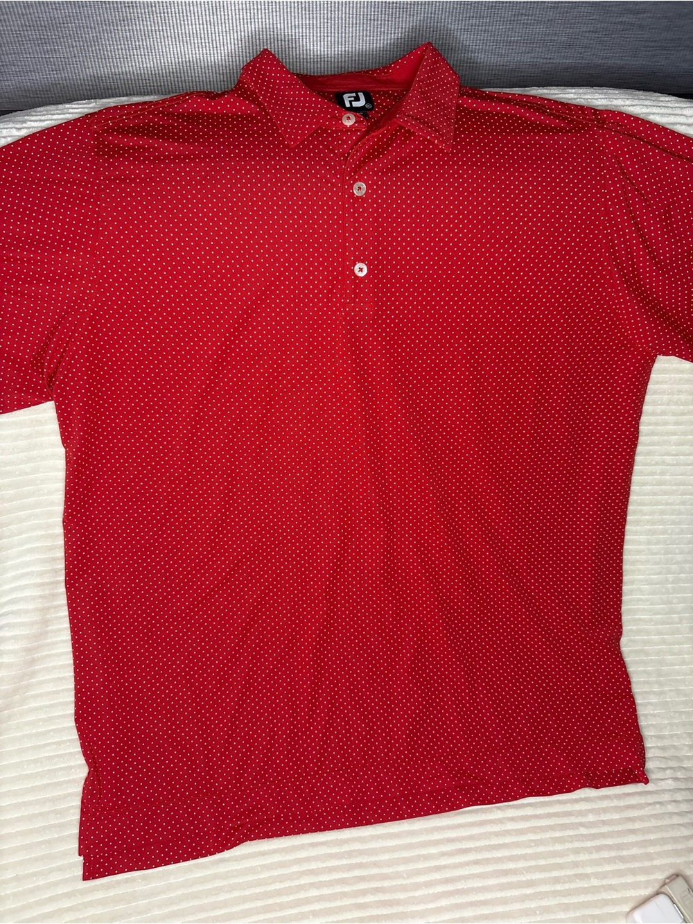 FootJoy Men 2XL Stretch Lisle Dot Print Golf Polo Shirt Red Sleeve Logo 1934
